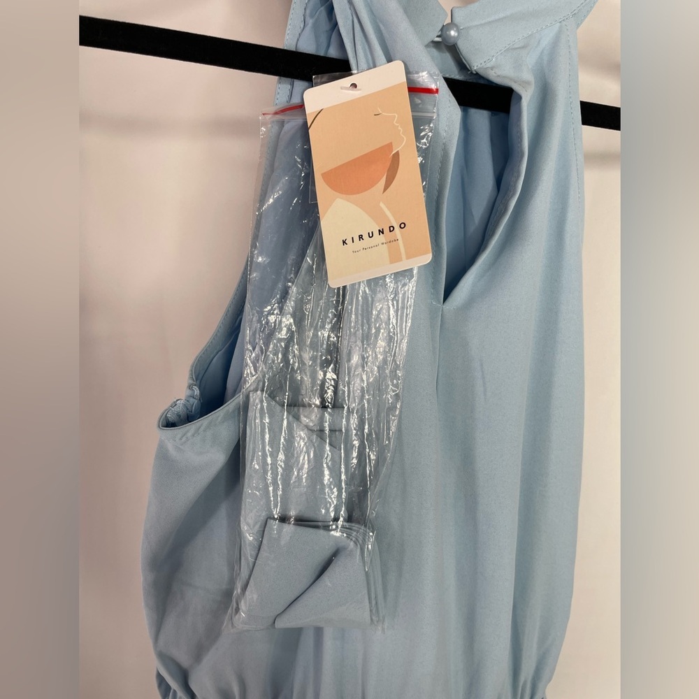 KIRUNDO Light Blue Pleated Midi Dress Halter Neck Sleeveless Flowy A-Line L - Picture 3 of 7
